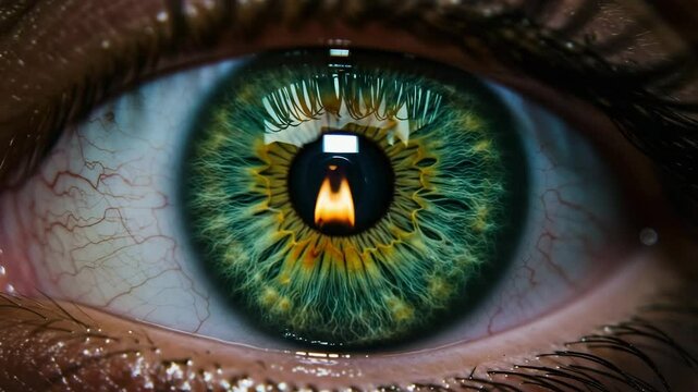 Close-up of a human eye with vibrant green iris and reflection  