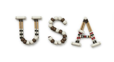 USA Croquet Letter Formation - Croquet mallets and balls creatively arranged to spell out USA. A unique and playful