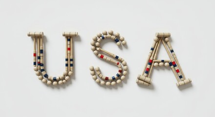USA Croquet Letters - Croquet mallet balls arranged to spell out USA. Patriotic and playful design. Perfect for summer or 4th of July