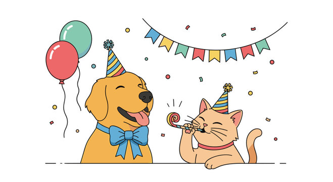 A cheerful celebration of pets enjoying a joyful birthday party together with festive decorations