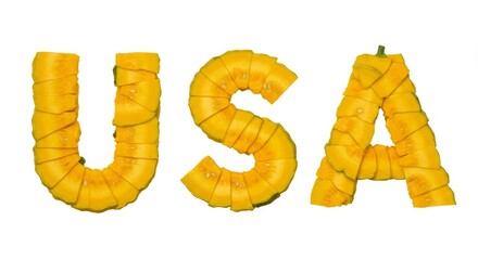 USA Squash Creation - A vibrant symbolizing American pride, healthy eating, autumn harvest, creativity, and unique artistry, using squash slices to form the letters USA