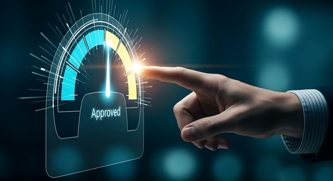 Credit score analysis concept. An analyst's hand points to a holographic credit score meter showing an "Approved" status for loan application.