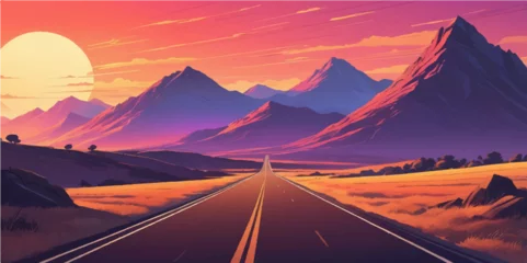 Fototapete Rund Aubergine A scenic highway car journey through a desert landscape towards a sunset mountain horizon  © nur