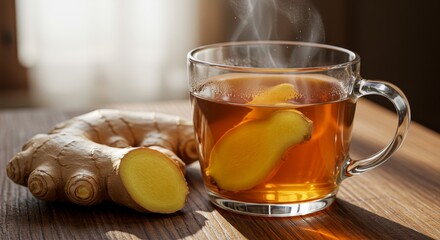 Warm Ginger Tea and Root on Wooden Table - A steaming cup of ginger tea sits beside a fresh piece of ginger root on a rustic wooden surface.