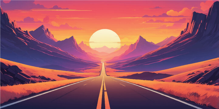 Golden hour paints the winding asphalt road to the mountains, a serene landscape for a memorable journey