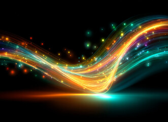 Abstract wave of light with colorful sparkles on a black background digital art illustration
