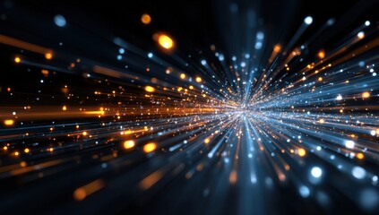 Abstract futuristic digital tunnel with glowing lights and a data transfer concept background, high-speed moving lights in dark blue, orange, and white colors. Abstract background.