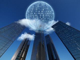 Glowing digital sphere over glass skyscrapers binary code