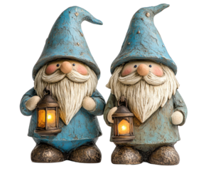 Charming gnome figures holding lanterns whimsical atmosphere isolated on transparent background