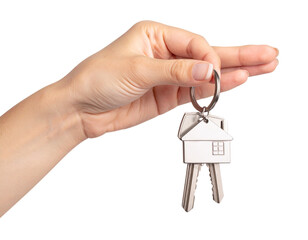  Hand Holding House Keys with Keyring, Outstretched Gesture from Side View, Transparent Background