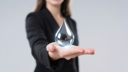 Woman in Black Suit Holding Holographic Water Drop Sustainable Business Concept