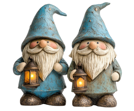 Charming gnome figures holding lanterns whimsical atmosphere isolated on transparent background