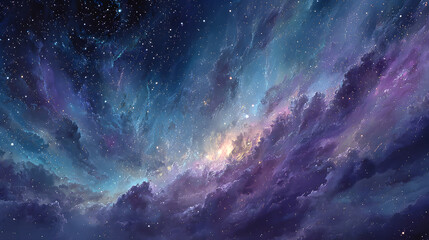 Fototapeta premium Beautiful fantasy starry night sky, blue and purple colorful, galaxy and aurora 4k wallpaper. cosmic watercolor illustration. Colorful space background with stars