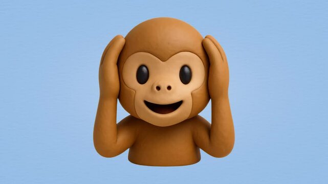 Playful monkey emoji sculpture animation isolated asset, transparent 4K video, alpha channel, ProRes 4444