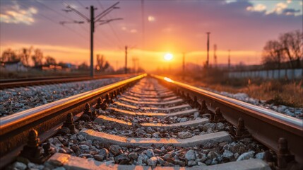 Fototapeta premium Golden sunset casts warm light over railway tracks, creating a peaceful atmosphere. The horizon glows while the day transitions to night, inviting contemplation and reflection