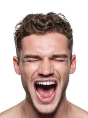 Screaming man portrait expression isolated on transparent background