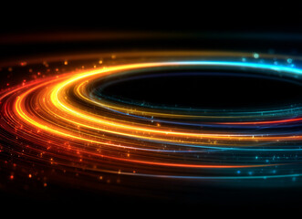 Abstract glowing ring of light trails with orange and blue hues on a dark black background