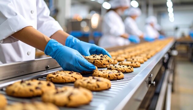 Factory workers checking cookies on a conveyor belt