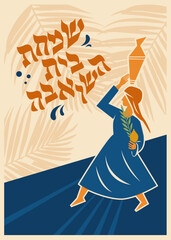 Jewish woman celebrating Jewish holiday Sukkot. celebration of Simchat Tora and Simchat Beit HaShoeivah. translation rejoicing of the Water Drawing House