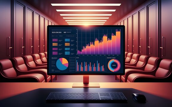 Financial dashboard on a computer screen shows charts and data, placed in a conference room with red seats for business analysis.