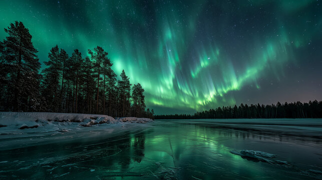 Aurora borealis over frozen lake and forest