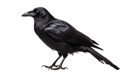 Fototapeta premium A striking raven poses against a stark black backdrop, showcasing its sleek feathers and sharp gaze.