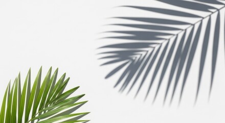 Obraz premium View of a green palm frond and its shadow against a plain light backdrop