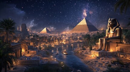 Ancient Egyptian city at night under a starry sky
