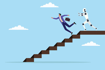 Vector illustration of a robot pushing a businessman from the stairs, symbolizing the disruptive impact of ai challenging traditional career paths and human dominance in the workplace
