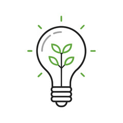 Black outline light bulb with green leaves inside and green radiating lines on white background