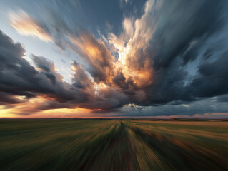 Time-lapse sky with moving clouds over field