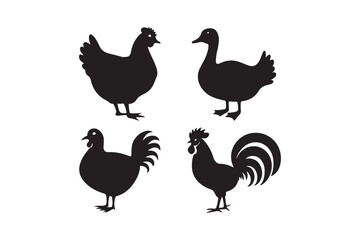 Four black silhouettes of farm birds including chickens and ducks