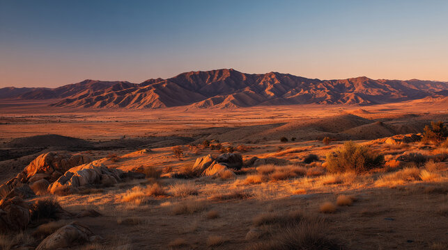 Sunset over desert landscape with long shadows