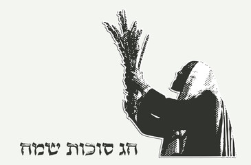 happy Sukot. Jewish man holding four traditional species of Sukkot holiday. happy sukkot in Hebrew.