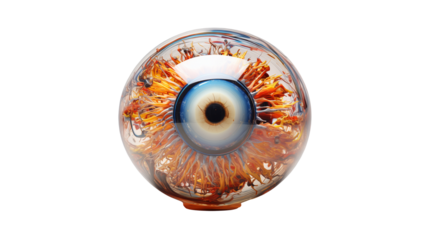 An intricate glass eye sculpture features vibrant colors and delicate, swirling filaments inside a clear, spherical shell.