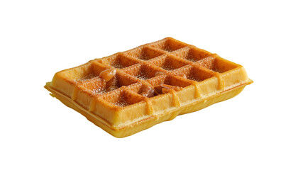 Golden waffle with caramel and powdered sugar is ready to be enjoyed for breakfast isolated on transparent background