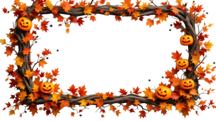 Halloween pumpkin and autumn leaves frame, isolated on white background