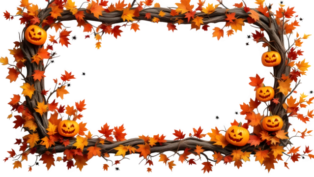 Halloween pumpkin and autumn leaves frame, isolated on white background