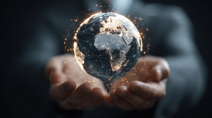 A businessman holding the Earth in his hands, with a glowing global network and data transfer icon, representing the technology connection concept on a dark background. Shot with a.