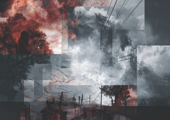 Abstracted atmospheric digital art composed of layered elements with a solitary figure