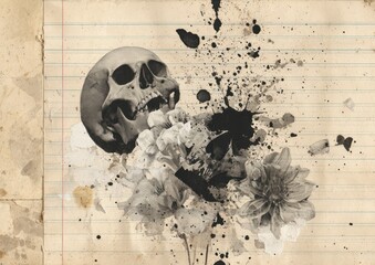 Artistic juxtaposition of skull, flowers, and ink splatter on vintage lined paper