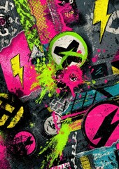Energetic abstract design with vibrant colors and dynamic graphic elements creating bold impact no