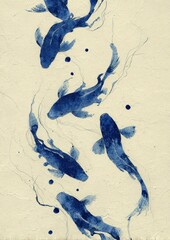 Artistic depiction of indigo aquatic creatures gracefully swimming within an abstract environment