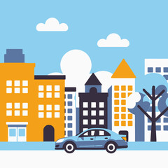 Obraz premium Cartoon Cityscape Illustration- Blue Car on City Street with Buildings- Whimsical Urban Scene with Trees and Sky- Colorful Cityscape Art