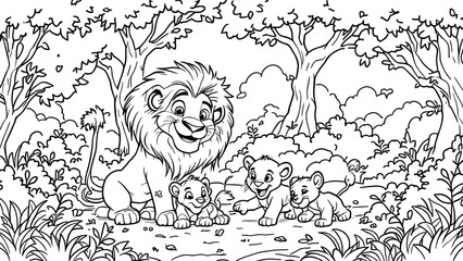 Lion with Cubs in Forest, isolated on white background