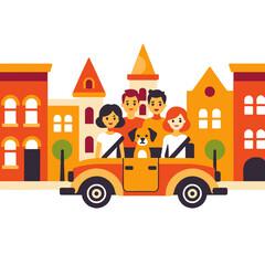 Naklejka premium Family Road Trip Illustration-Cartoon People and Dog in Car-Bright Colorful Buildings-Travel Adventure-City Exploration-Vector Art-Happy Vacation