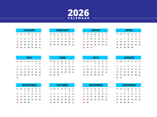 2026  Editable Calendar Yearly Planner in a Clean Minimalist Style, 2026 Calendar, Monthly Calendar for the Year vector illustration template