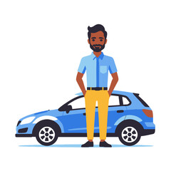 Fototapeta premium Happy Car Owner-Man Standing Proudly Next to His New Blue Car-Image of a Smiling Driver-Car Ownership and Happiness-Buying a Vehicle and Enjoying It-Joyful Car Illustration