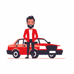 Man and His Car - Stylish Bearded Man Standing Next to a Classic Red Sedan - New Car Owner Illustration - Transportation and Lifestyle