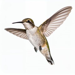 Fototapeta premium Hummingbird showcasing iridescent plumage midflight, capturing nature's elegance on white background